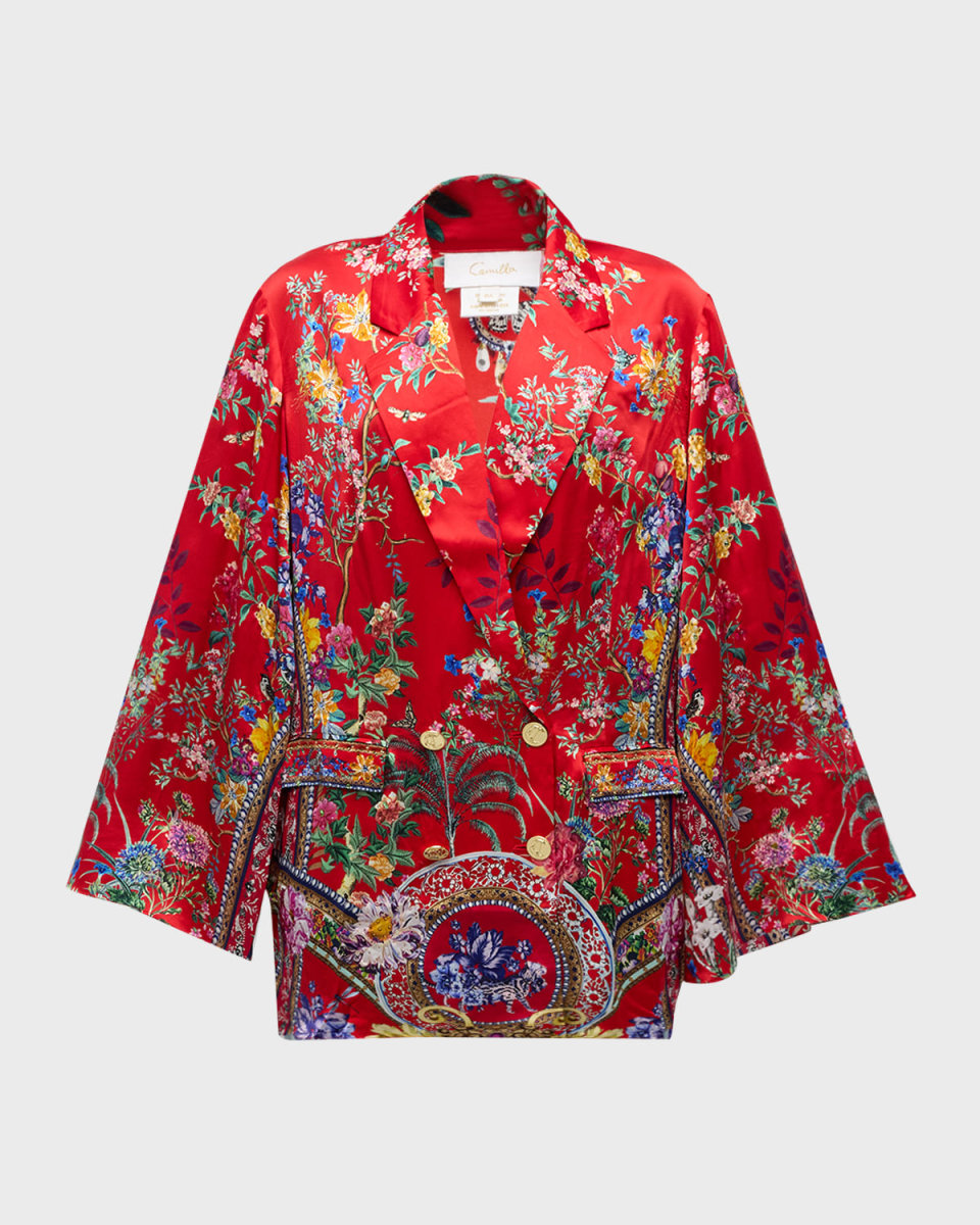 Flared-Sleeve Double-Breasted Floral Silk Jacket